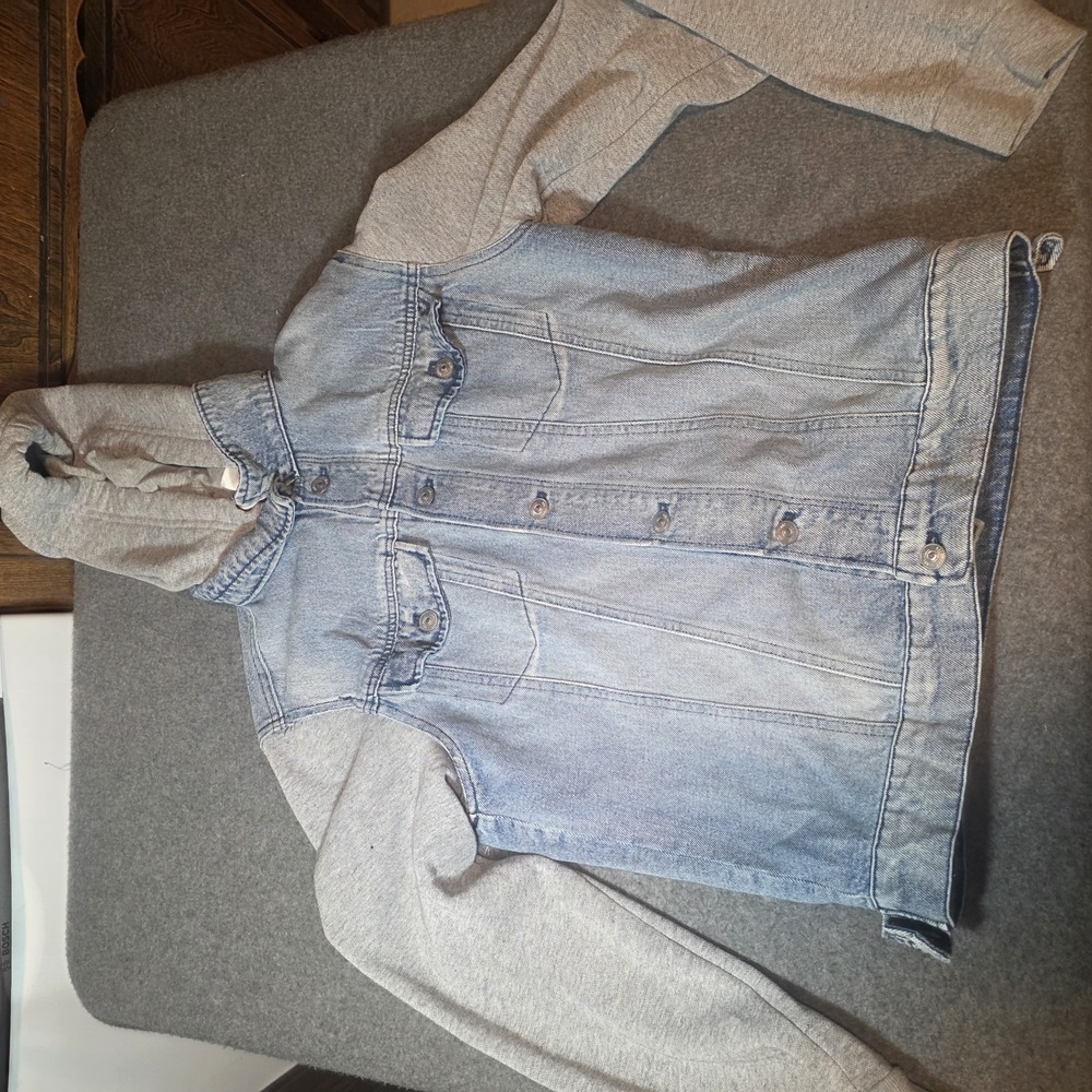 H&M Divided Women's Blue/Gray Hooded Denim Jacket Button-Front Long Sleeve M I2